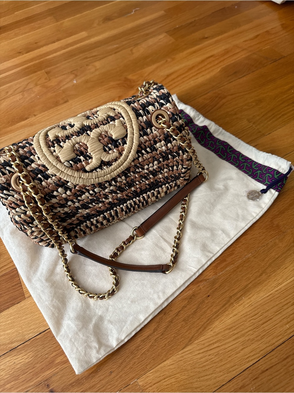Braided Straw Flap Shoulder Bag with Gold Chain - Beige Multi